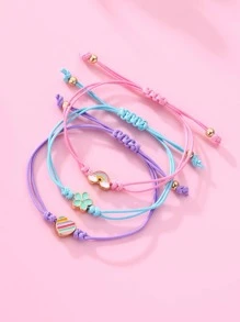 3pcs/set Girls' Rainbow Heart & Flower Shaped Zinc Alloy Multicolor Beaded Wax Cord Bracelet, Suitable For Daily Wear