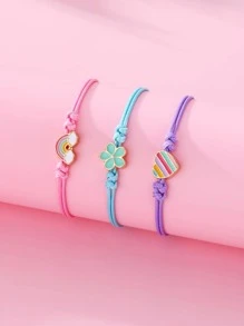 3pcs/set Girls' Rainbow Heart & Flower Shaped Zinc Alloy Multicolor Beaded Wax Cord Bracelet, Suitable For Daily Wear