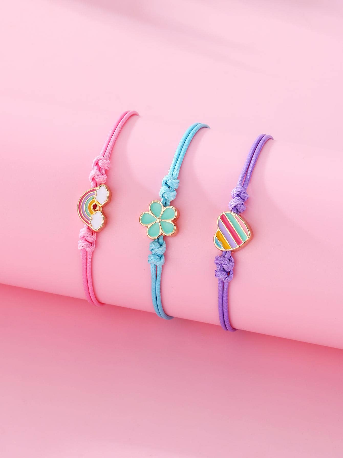 3pcs/set Girls' Rainbow Heart & Flower Shaped Zinc Alloy Multicolor Beaded Wax Cord Bracelet, Suitable For Daily Wear