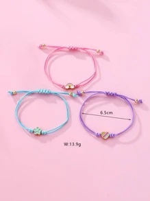 3pcs/set Girls' Rainbow Heart & Flower Shaped Zinc Alloy Multicolor Beaded Wax Cord Bracelet, Suitable For Daily Wear