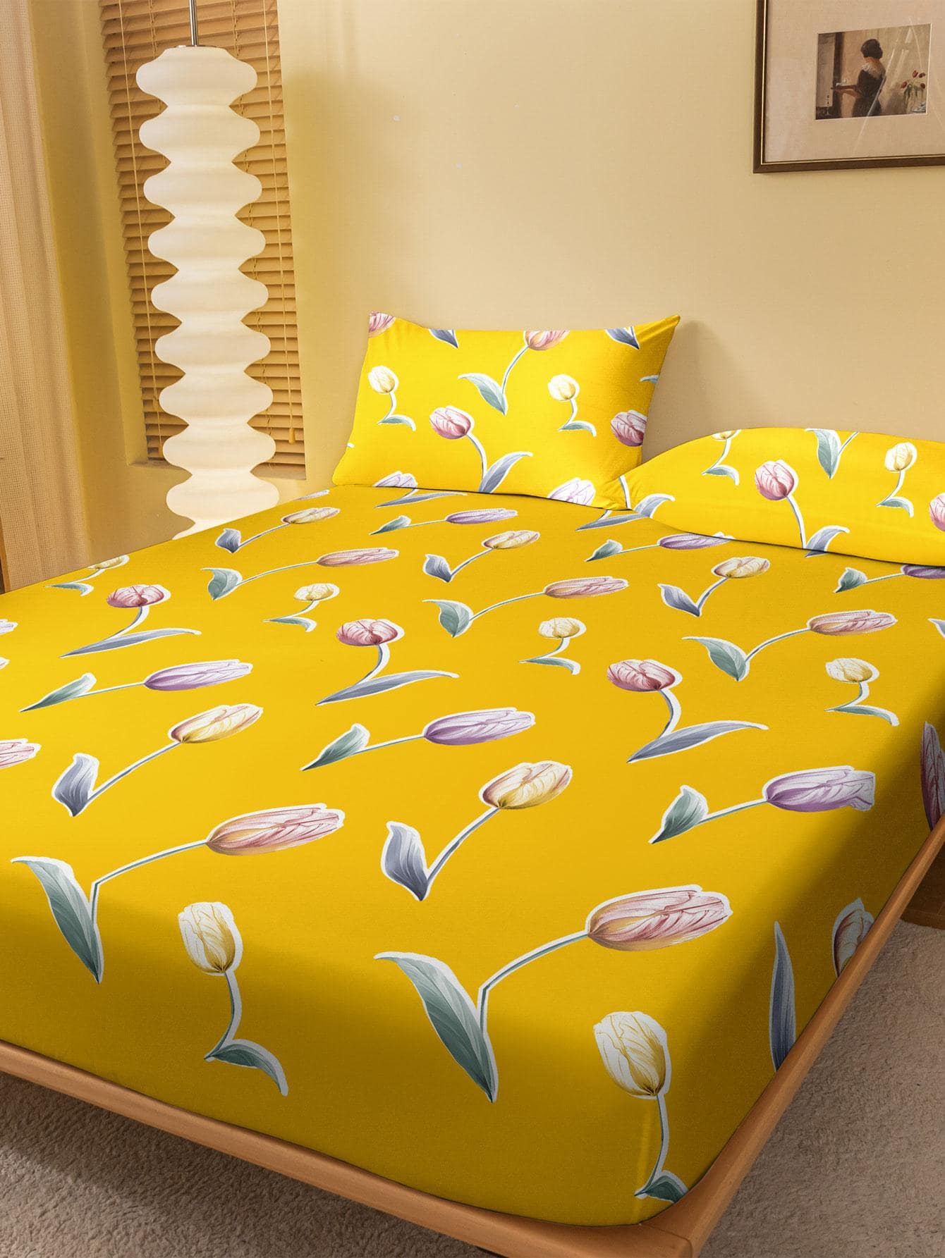 1入組花卉圖案床笠臥室織物床笠 - 黃色 - 查看 1