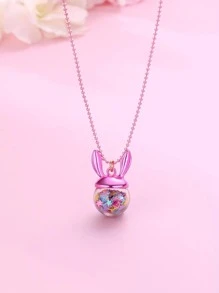 1pc Cute Zinc Alloy & Plastic Bunny Ear Pendant Necklace With Star & Glittery Pink Beaded Chain Packed In Pvc Bottle, Suitable For Daily Jewelry Accessory - Pink - View 1