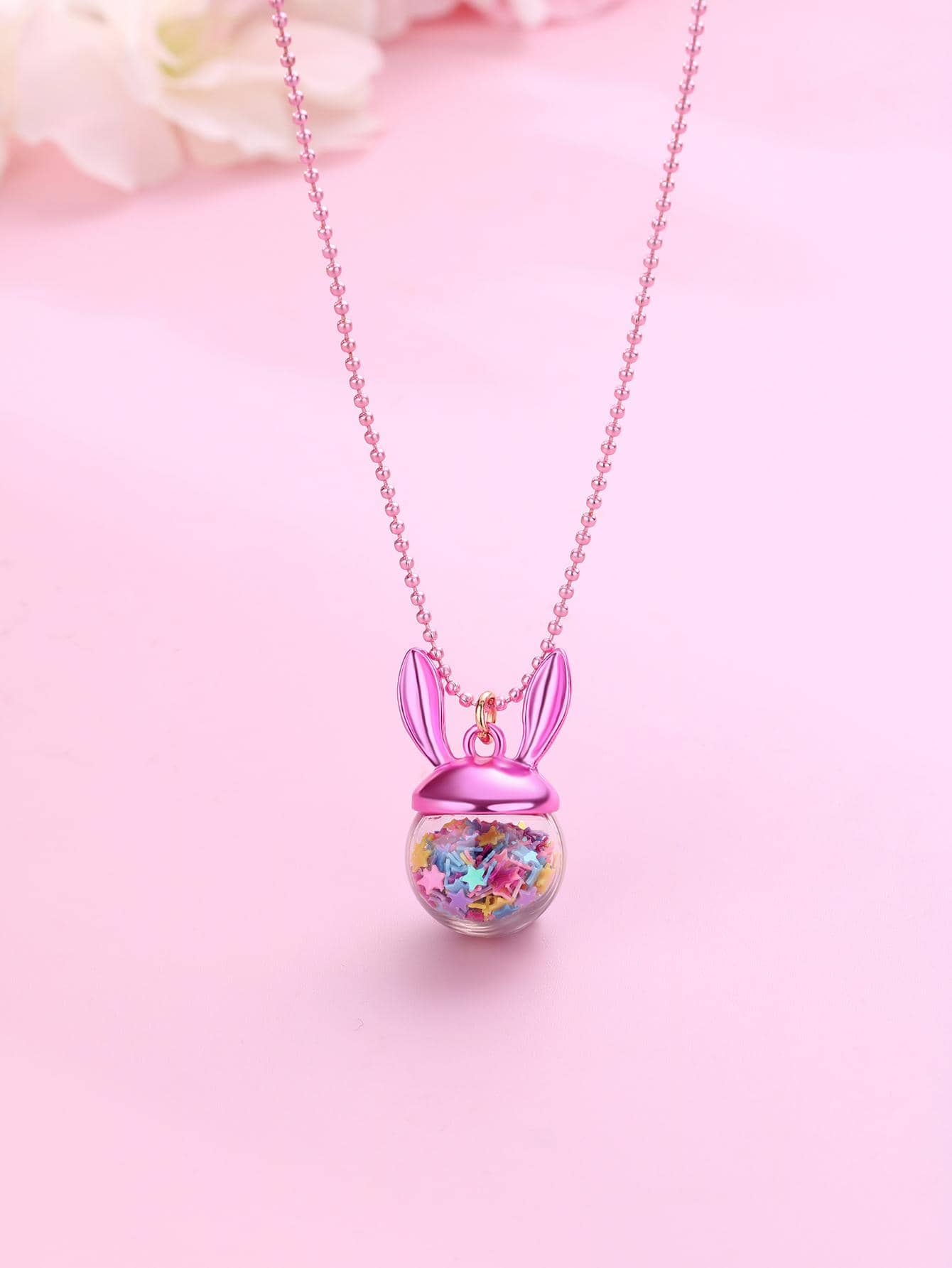 1pc Cute Zinc Alloy & Plastic Bunny Ear Pendant Necklace With Star & Glittery Pink Beaded Chain Packed In Pvc Bottle, Suitable For Daily Jewelry Accessory - Pink - View 1