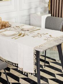 1pc Floral Embroidered Tassel Decor Tablecloth, Modern Tassel Decor Table Cover For Home Decor - Multicolor - View 5