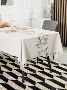 1pc Floral Embroidered Tassel Decor Tablecloth, Modern Tassel Decor Table Cover For Home Decor - Multicolor - View 1