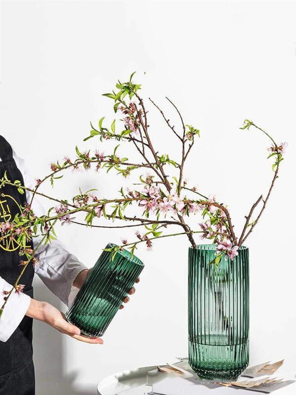 1pc Solid Glass Flower Vase, Green Glass Vertical Grain Vase For Home