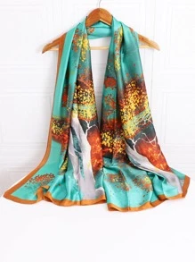Silk Satin Printed Rectangle Scarf For Spring, Summer And Autumn - Multicolor - View 1