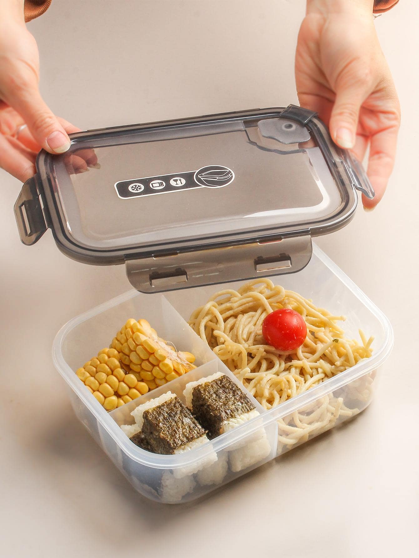 1套帶餐具便攜式飯盒，現代塑料多格飯盒套裝，工作學校 - 灰色 - 查看 1