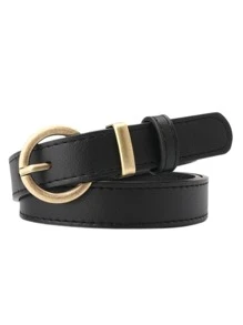 1入組女性荔枝紋壓花圓扣休閒皮帶適用於日常 - 黑色 - 查看 2