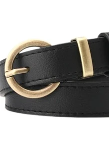 1入組女性荔枝紋壓花圓扣休閒皮帶適用於日常 - 黑色 - 查看 3