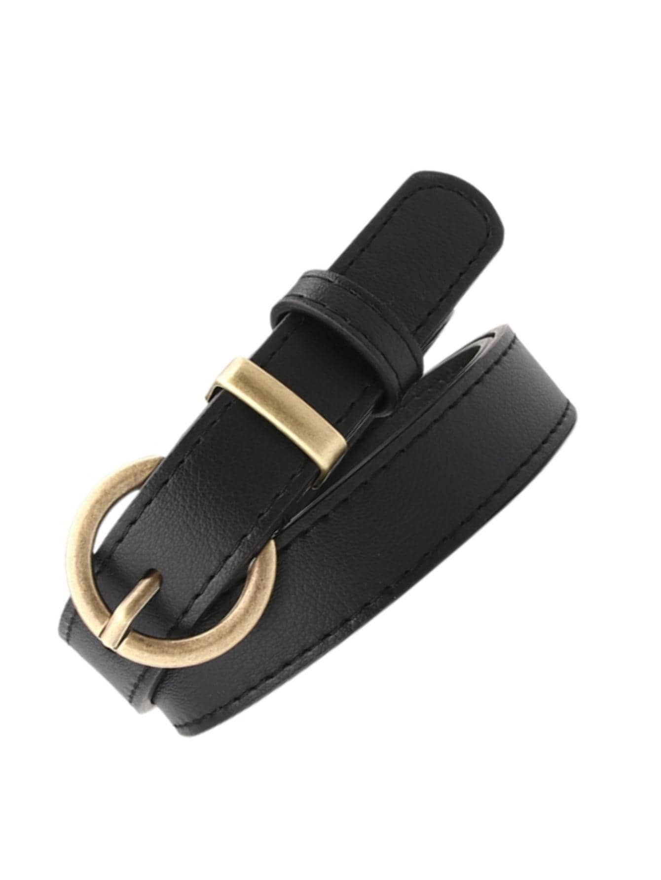 1入組女性荔枝紋壓花圓扣休閒皮帶適用於日常 - 黑色 - 查看 1