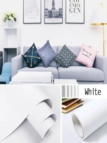 1roll Solid Color White Self-adhesive Wall Paper, Waterproof PVC Wall Decorative Sticker For Home Decor - White - View 9