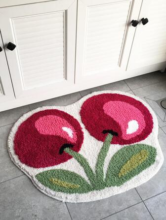 1pc Cherry Fruit Bathroom Mat 50X62cm(19.7X24.4inch), Soft Plush Washable Floor Mat For Bathroom, Bedroom, Living Room, Kitchen, Entryway, Non-Slip Absorbent Carpet Mat With Cherry Pattern