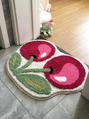 1pc Cherry Fruit Bathroom Mat 50X62cm(19.7X24.4inch), Soft Plush Washable Floor Mat For Bathroom, Bedroom, Living Room, Kitchen, Entryway, Non-Slip Absorbent Carpet Mat With Cherry Pattern