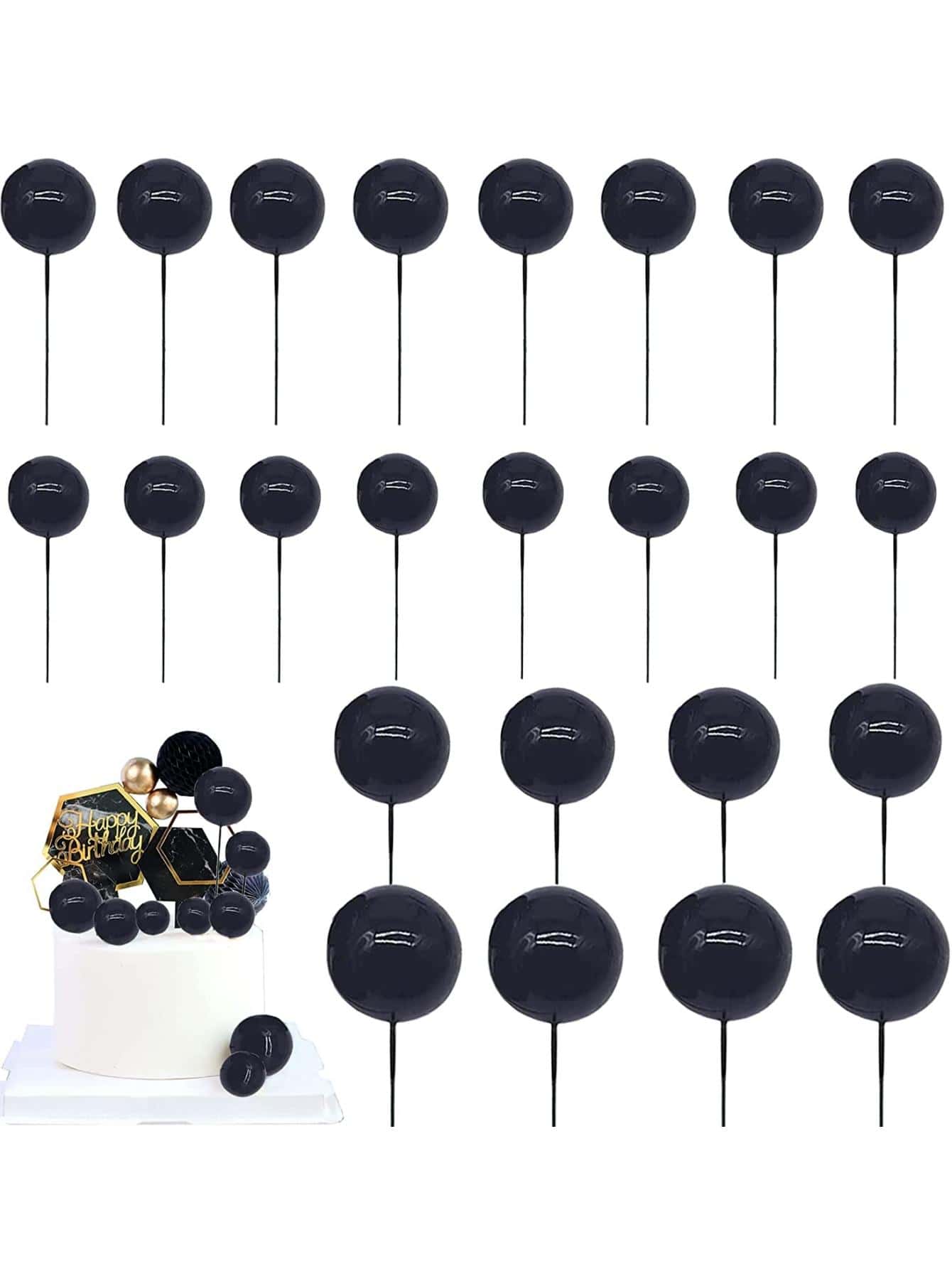 1 set/20 piezas de adornos para pasteles en forma de bola negra - Negro - Ver 1