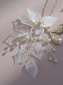 2pcs Flower & Faux Pearl Decor Bridal Hair Pin For Wedding Elegant Valentine's Day Accessories - Gold - View 2