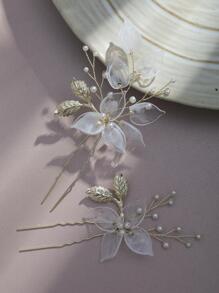 2pcs Flower & Faux Pearl Decor Bridal Hair Pin For Wedding Elegant Valentine's Day Accessories - Gold - View 5