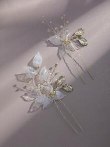 2pcs Flower & Faux Pearl Decor Bridal Hair Pin For Wedding Elegant Valentine's Day Accessories - Gold - View 3