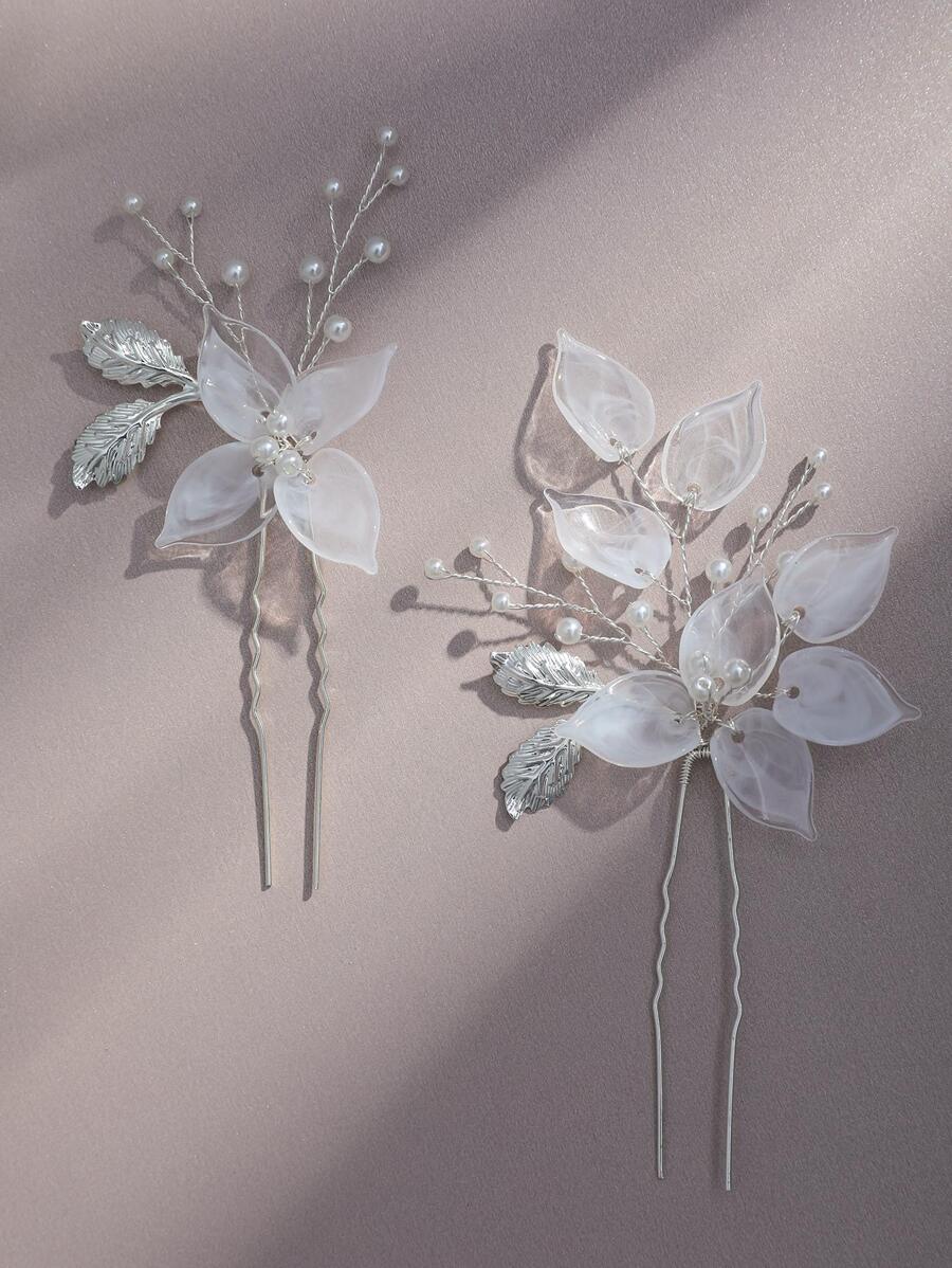 2 Stücke/Set Damen Weiß mit Blumen- und Silberblätter-Design Perlennadel, geeignet für den täglichen Gebrauch und Hochzeiten, Boho-Tiaren, Valentinstag Accessoires - Silber - Übersicht 1
