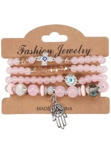 4入组/套波西米亞交叉和法蒂瑪之手細節串珠手鏈適合女士適用於度假 - 粉色 - 查看 1