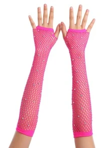 Rhinestone Decor Fishnet Fingerless Gloves Halloween - Hot Pink - View 1