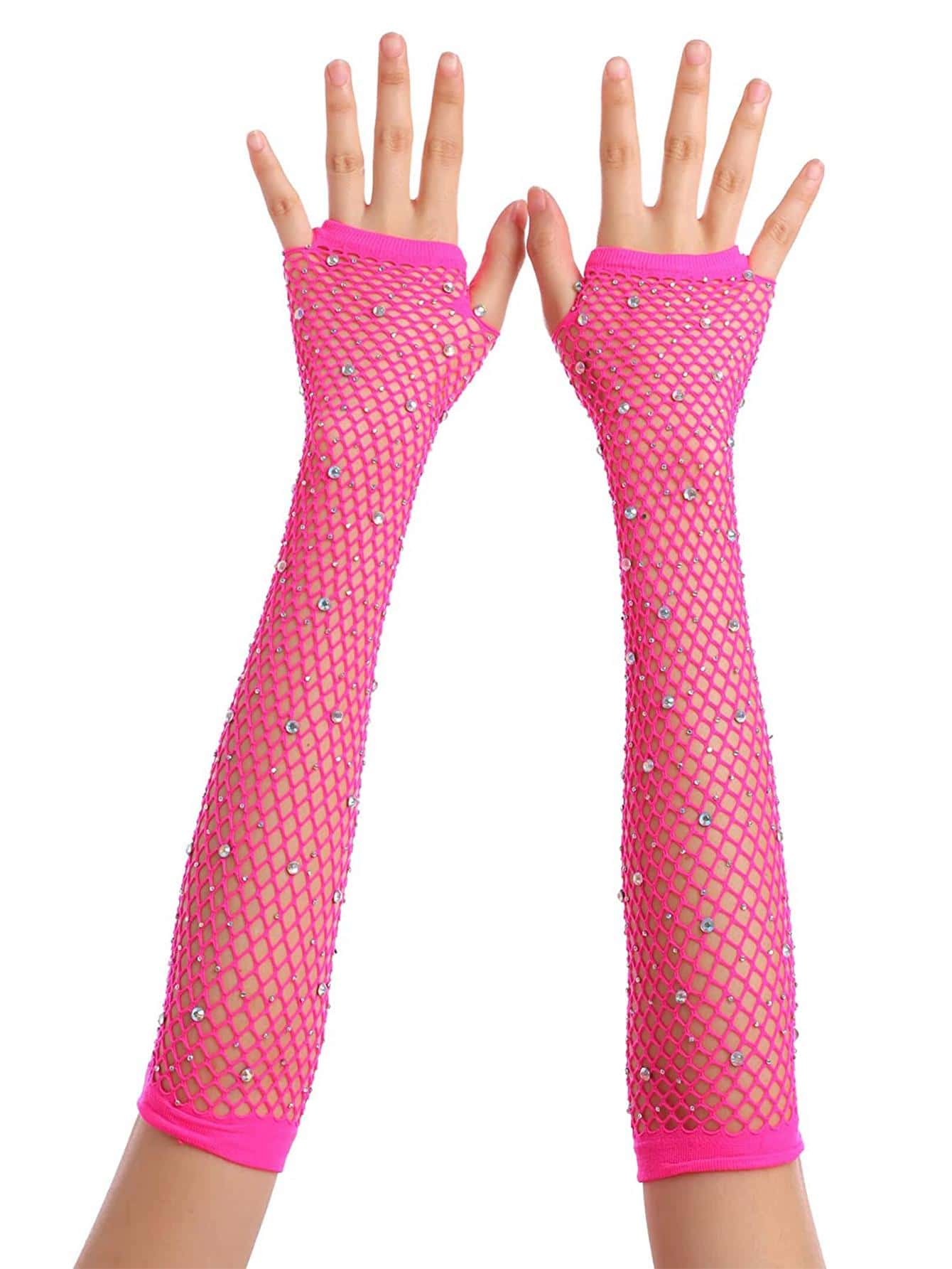 Rhinestone Decor Fishnet Fingerless Gloves Halloween - Hot Pink - View 1
