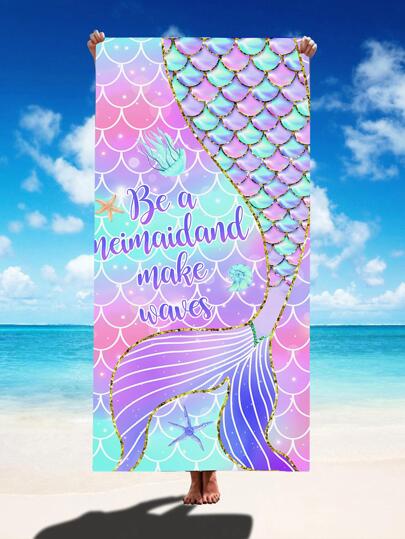 Ultrafine Fiber 250gsm Absorbent & Quick-Drying Colorful Mermaid Tail Printed Towel For Swimming, Bathing, Shawl, Cushion, Beach Towel. One Size 70*140cm Or Plus Size 90*180cm. 1pc.Summer Travel,Vacation Holiday Beach Essentials
