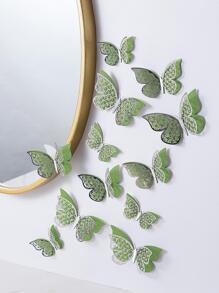 12pcs Foldable Double Layer Green Butterfly Sticker, Hollow Paper Wall Decorative Sticker For Home Decor, Stickers, Wall Decal, Vinyl Decal For Home Decorations, Spring Decoration Items Refresh Your Home, Rama Decoration Stickers Back To School Room Decor School Supplies - Green - View 4