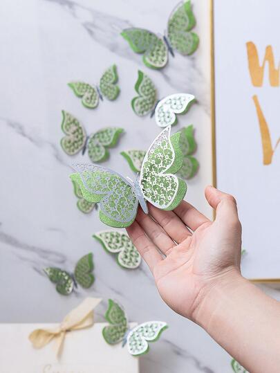 12pcs Foldable Double Layer Green Butterfly Sticker, Hollow Paper Wall Decorative Sticker For Home Decor, Stickers, Wall Decal, Vinyl Decal For Home Decorations, Spring Decoration Items Refresh Your Home, Rama Decoration Stickers Back To School Room Decor School Supplies