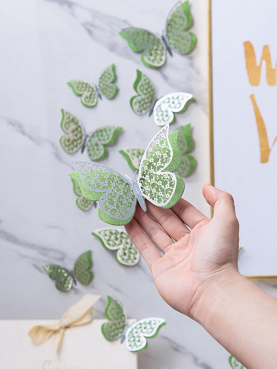 12pcs Foldable Double Layer Green Butterfly Sticker, Hollow Paper Wall Decorative Sticker For Home Decor, Stickers, Wall Decal, Vinyl Decal For Home Decorations, Spring Decoration Items Refresh Your Home, Rama Decoration Stickers Back To School Room Decor School Supplies - Green - View 1