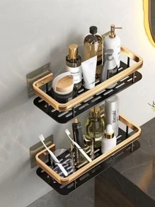 1 pieza Estante de almacenamiento de loción simple negro montado en la pared hueco aluminio golpe libre para cuarto de baño - Negro - Ver 5