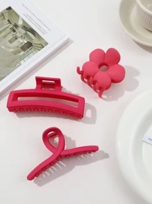 3入組花朵設計髮爪 - 酒紅色 - 查看 5