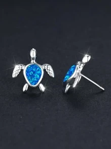 1對時尚合成纖維蛋白石裝飾龜設計耳釘適合女士適用於禮品 - 藍色 - 查看 4