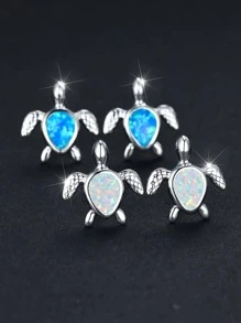 1對時尚合成纖維蛋白石裝飾龜設計耳釘適合女士適用於禮品 - 藍色 - 查看 5