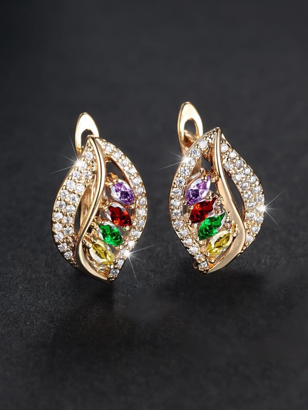 اقراط مسماري براقة زخرفة مكعب زركونيا بتصميم أوراق الشجر للنساء الى هدية زوج واحد