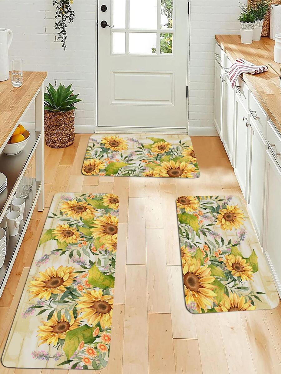 1pc Colorful Sunflower Print Mat, Polyester Anti-slip Absorbent Floor Mat For Household - Multicolor - View 1