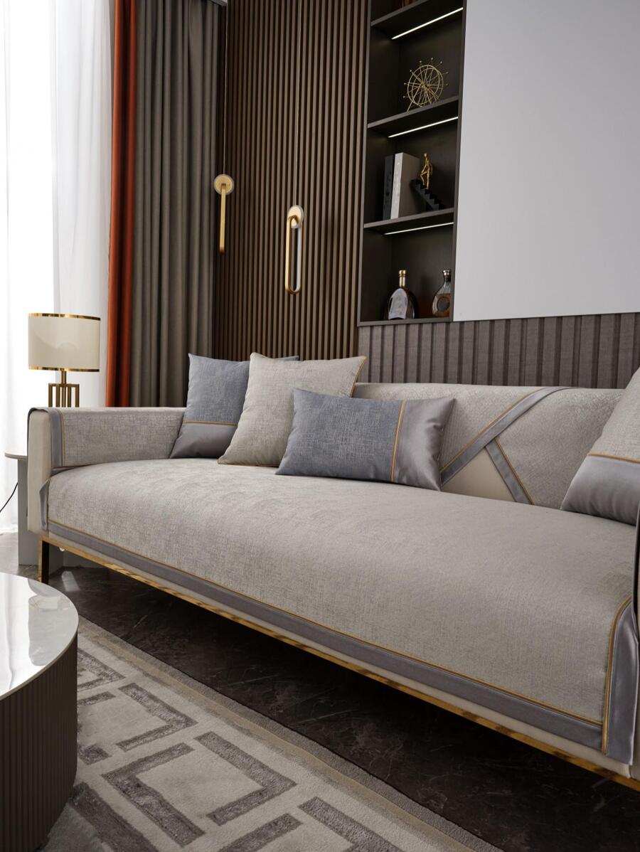 1pc Contrast Binding Sofa Towel - Beige - View 1