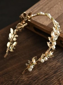 1入組女士珍珠和樹葉裝飾優雅頭帶適合派對