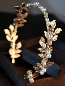 1入組女士珍珠和樹葉裝飾優雅頭帶適合派對