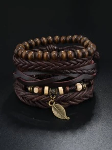 4入組/套時尚葉子吊飾編織細節珠子裝飾手鍊男士日常裝飾聚氨酯 - 咖啡 - 查看 3