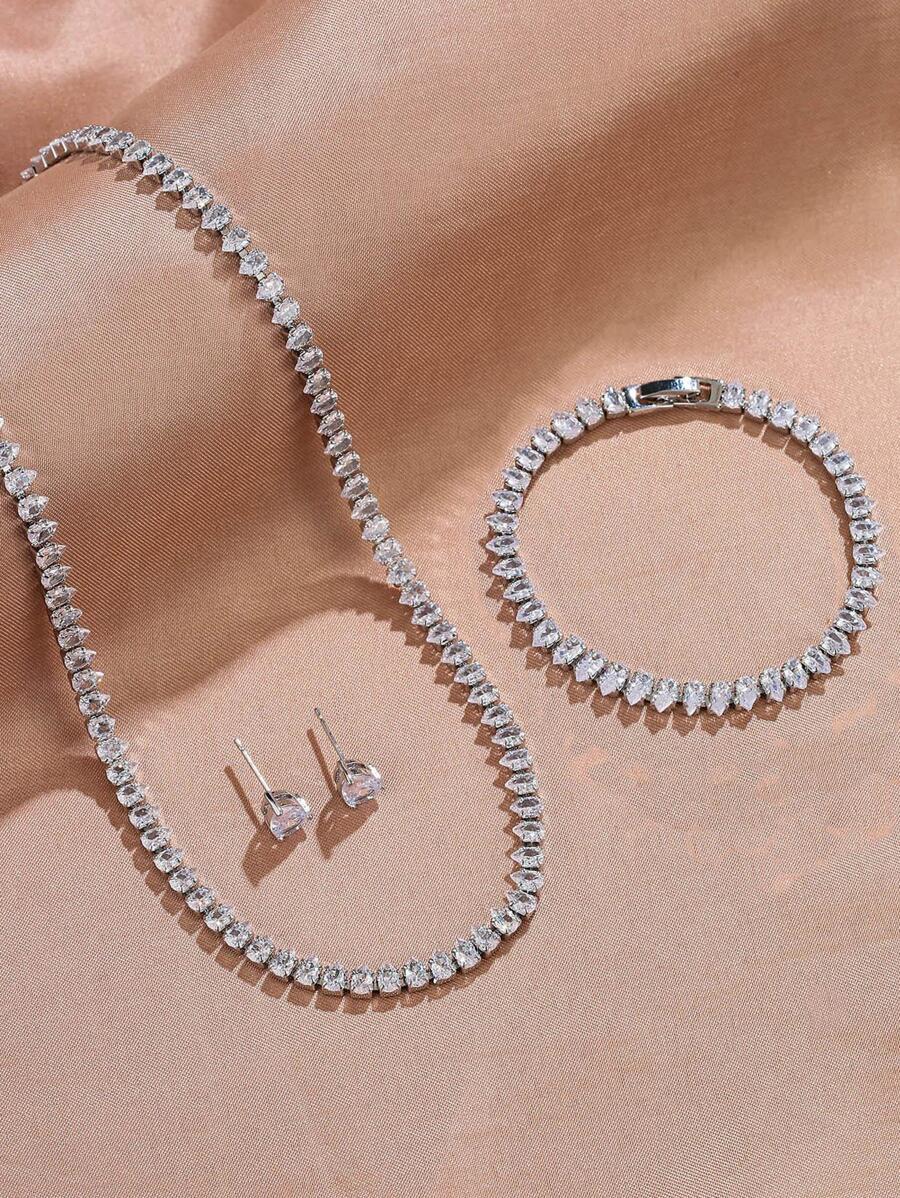 Bộ trang sức Cubic Zirconia 3 món dành cho nữ, Hoa tai đính đá màu bạc, Vòng tay tennis, Vòng cổ, Trang sức dự tiệc cưới, Phụ kiện ngày lễ, Quà tặng cho vợ, bạn gái, Nhân viên văn phòng - Bạc - Xem 1