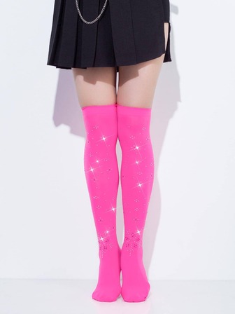 1雙女士水鑽裝飾時尚過膝襪日常裝飾