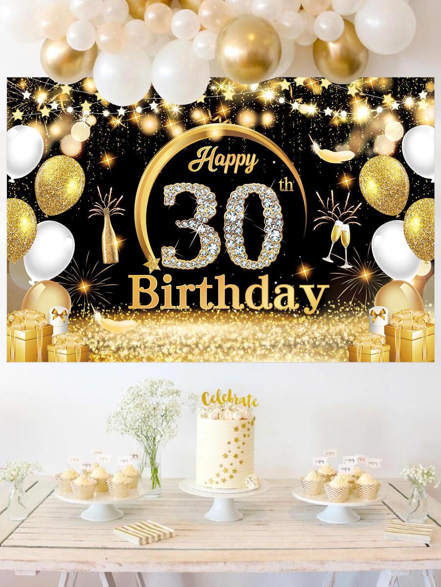 1pc 30 Years Old Diamond Black Gold Birthday Background Cloth, 30th Birthday Party Decoration Background Cloth - Multicolor - View 1