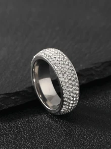 1pc Glamorous Stainless Steel Rhinestone Decor Ring For Women For Daily Life - Silver - View 1