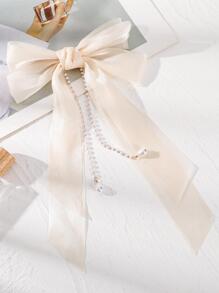 1pc Women Faux Pearl & Bow Decor Fashion French Clip For Daily Decoration Elegant Valentine's Day Hair Clips Claw Clips Hair Claws Hair Slide Hair Barrettes - Beige - View 2