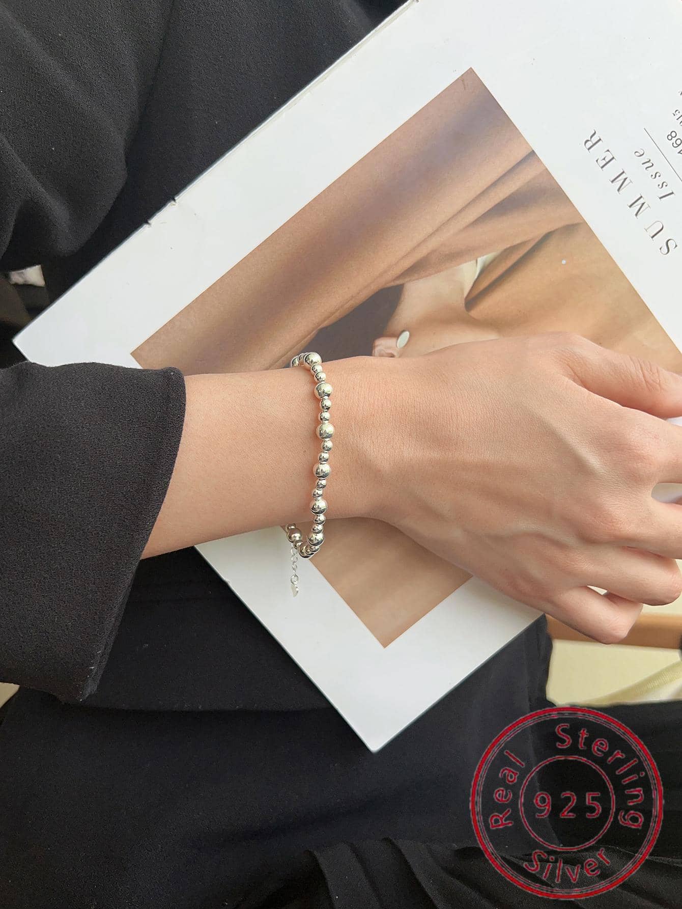 Vòng tay bạc đính cườm tối giản - Bạc - Xem 1