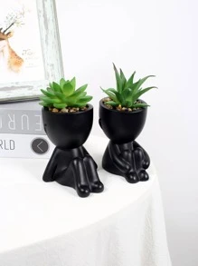 1pc Creative Human-Shaped Succulent Planter With Colorful Artificial Plants - Black Ceramic, Modern Minimalist Home & Office Decor, Geometric Shaped Plant Pot, Suitable For Indoor/Outdoor Garden, Wedding, Easter Table Centerpiece, Storage & Display - Black - View 5