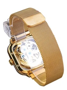 1pc Men Gold Stainless Steel Strap Fashion Square Pointer Mechanical Watch, For Daily Life - Gold - View 3