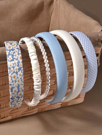 6pcs Women Faux Pearl Decor Ditsy Floral Pattern Sweet Blue Style Headband, For Daily Life Cute,Hairband,Hair Hoop Headbands Hair Accessories