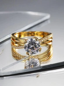 Charm-In Gorgeous And Dazzling Ring With Large Inlaid Zirconia In Smooth And Artistic Crossed Lines Design, In Rich Golden Color - Yellow Gold - View 5